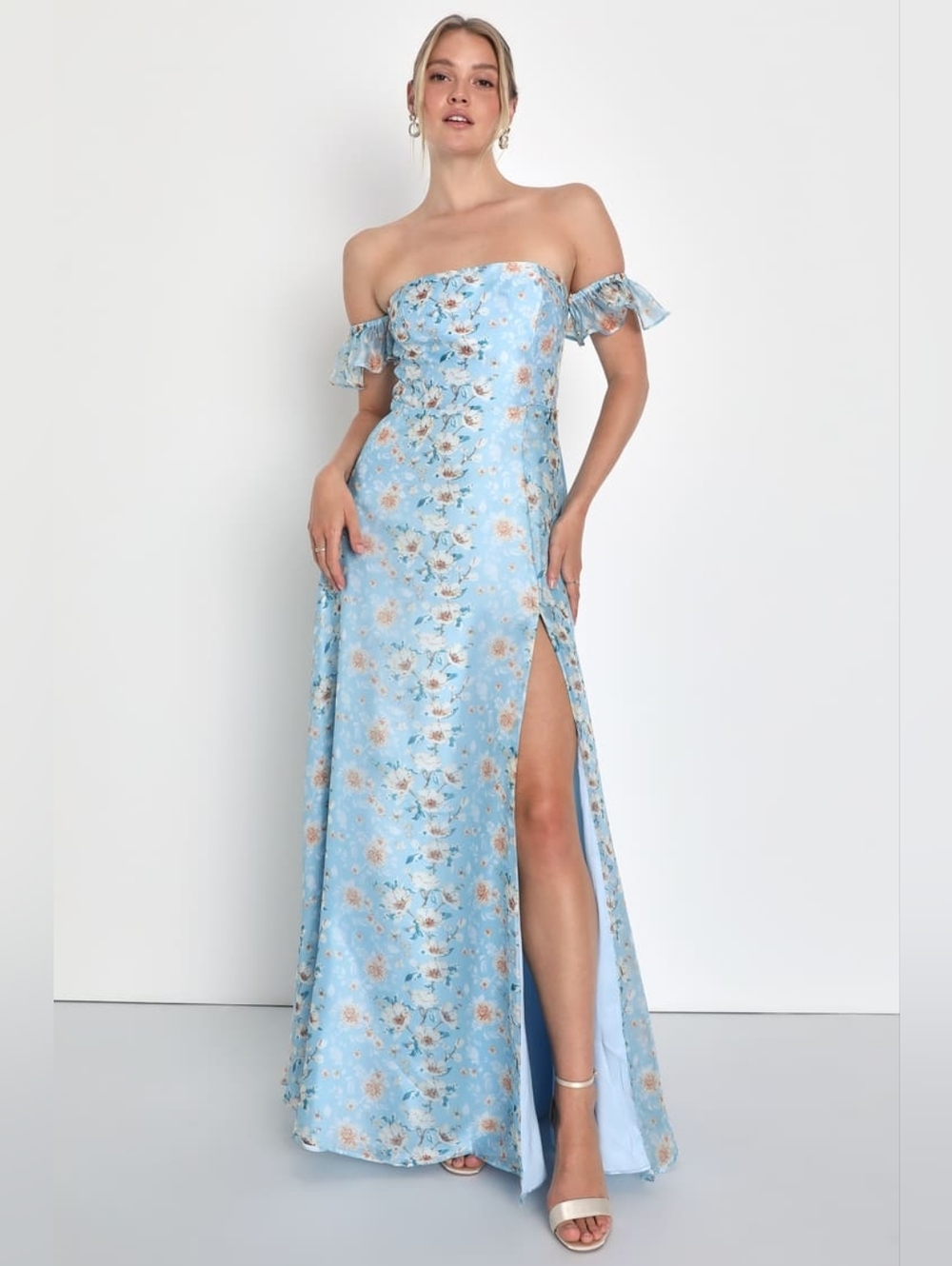 Lulu's Light Blue Off-Shoulder Floral Maxi Dress